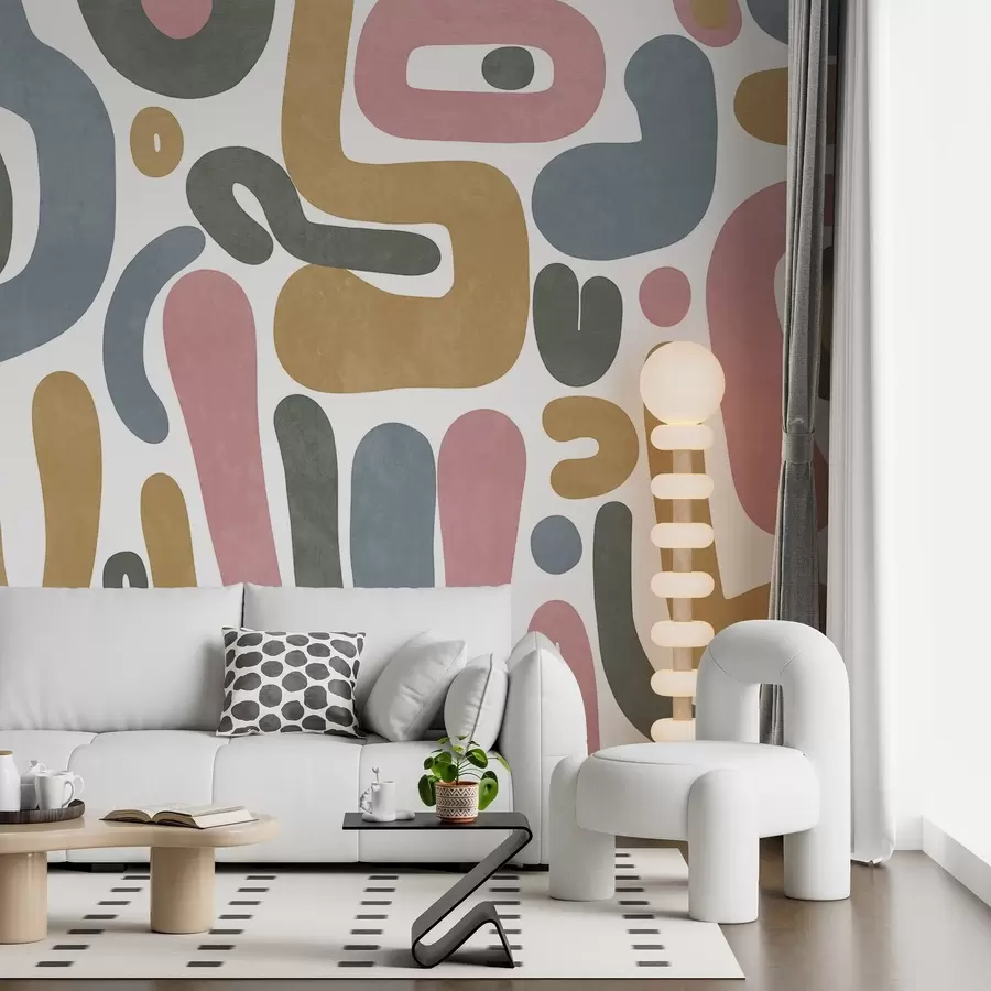 Fototapet Abstraktní texturované tvary v pastelově růžové, tlumeně modré, hořčičně žluté a šedé barvě na bílém pozadí moderní umění w09620