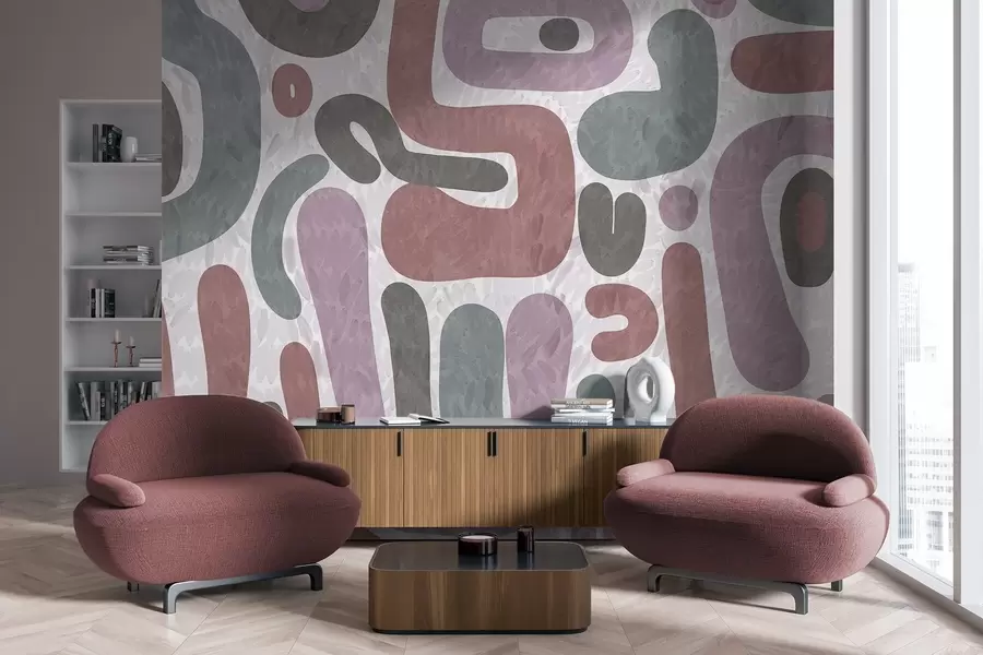 Fototapet Abstraktní tvarované tvary v tlumených růžových, zelených a šedých tónech na strukturovaném pozadí moderního umění w09622