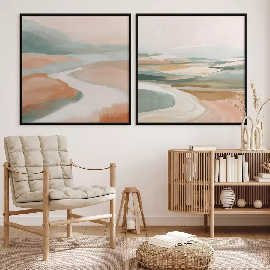 Fototapet Abstraktní kopce a řeka v pastelových barvách d00896