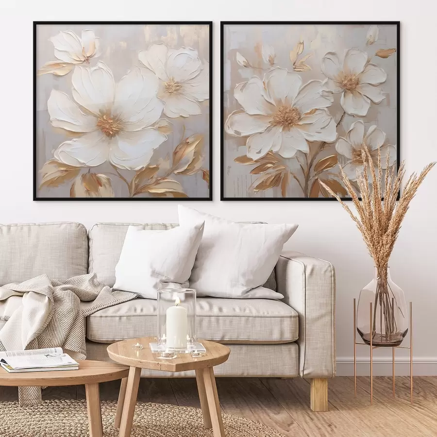 Fototapet Diptych s velkými květinami v jasných teplých barvách d00927