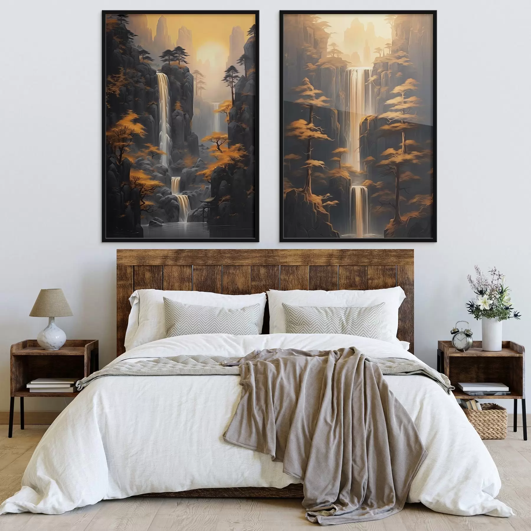 Fototapet Krajina s vodopádem a horami ve zlatém světle d00928