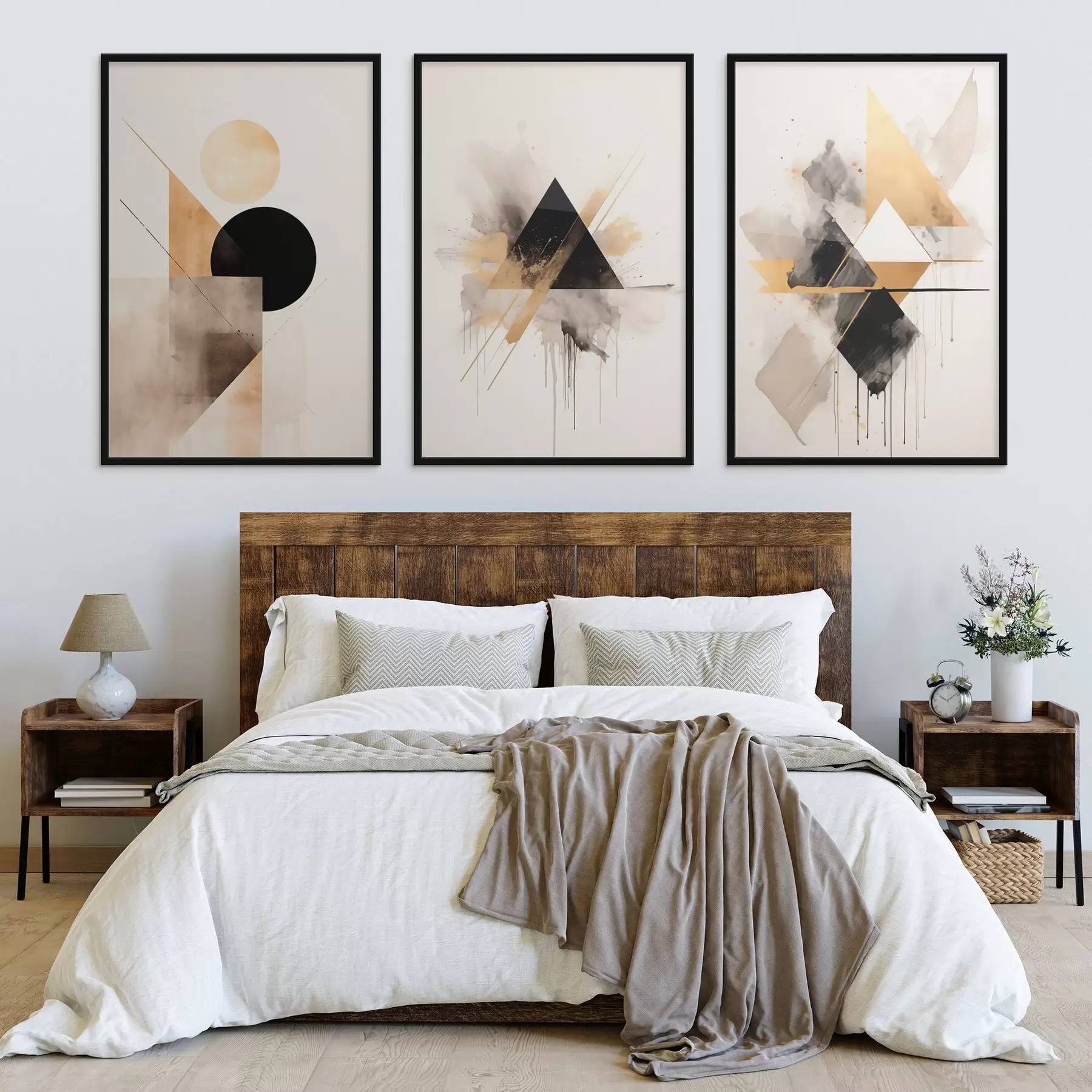 Fototapet Geometrické trojúhelníky s rozstříknutou barvou, černá a okrová d00963