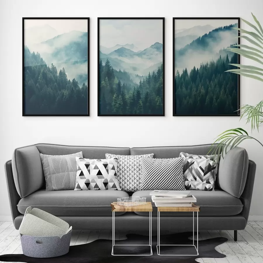 Fototapet Zamlžené borovicové hory pokryté jemnými odstíny zelené a modré barvy d00964