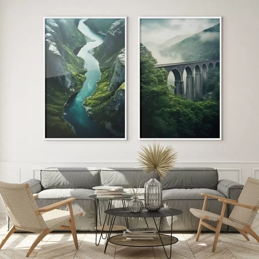 Fototapet Letecký pohled na říční kaňon a mlhavý viadukt v zelených kopcích d00967