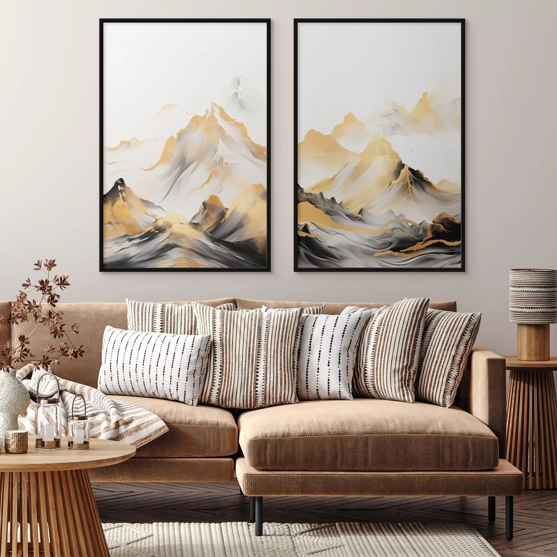 Fototapet Texturované žluté a černé hory se zasněženými vrcholy, styl malby tuší, minimalistické pohoří d01002