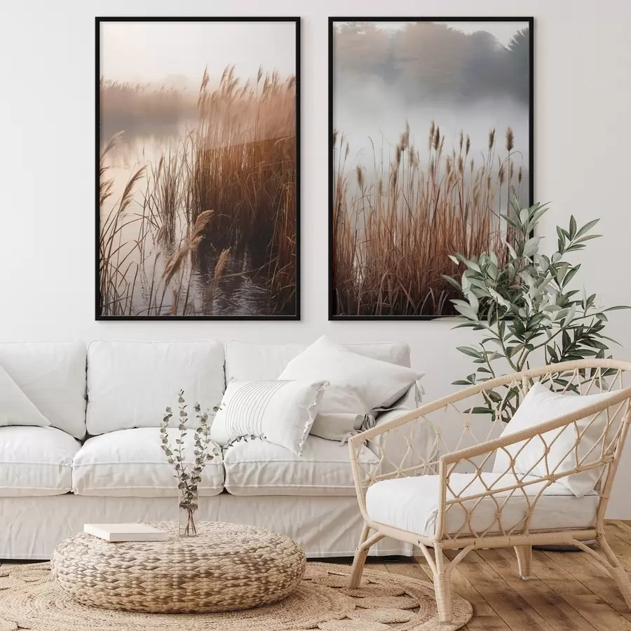 Fototapet Vysoké rákosí rostoucí ve vodní ploše, voda odráží rákosí, mlhavé pozadí, měkké světlo, přírodní scéna d01008