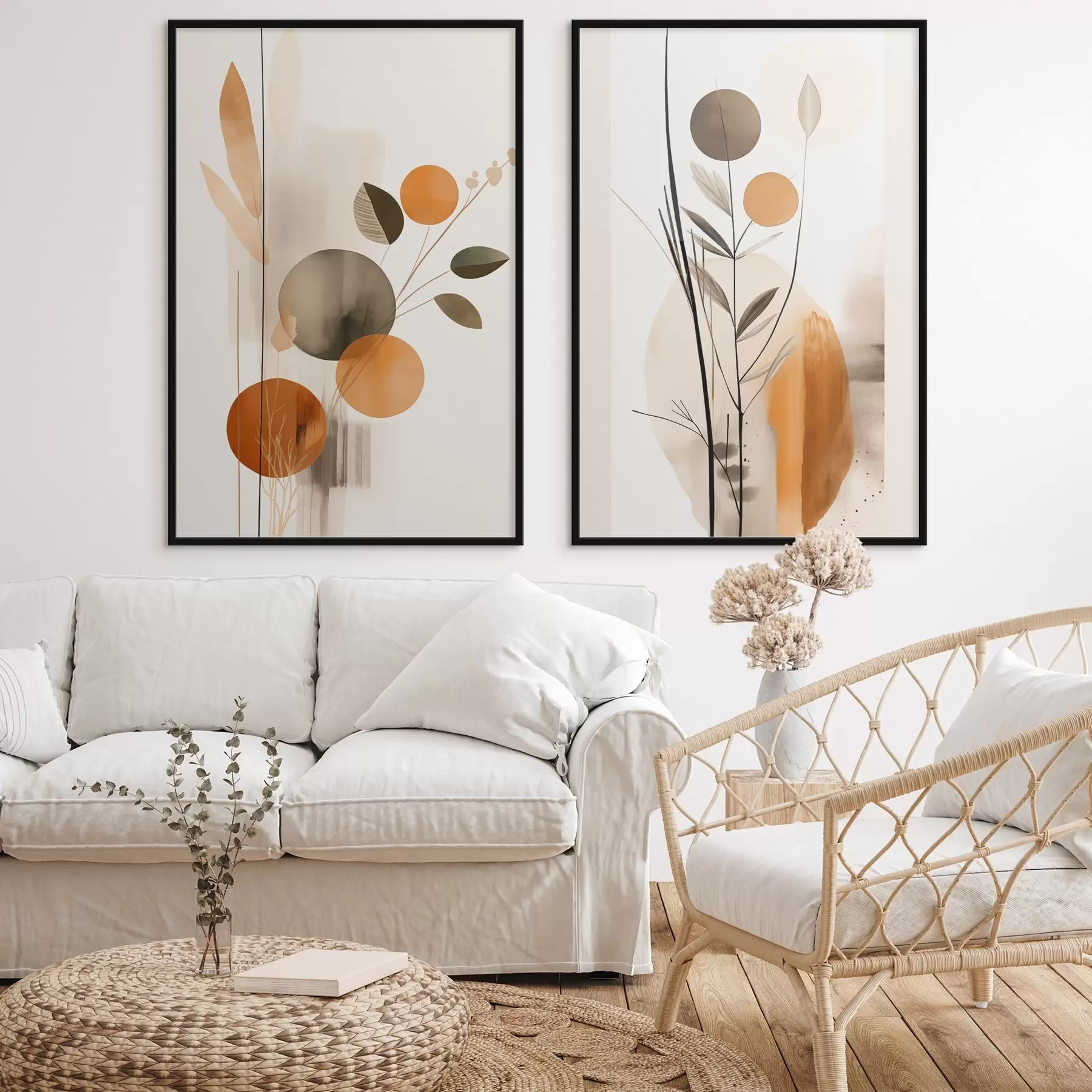 Obraz Abstraktní malba s oranžovými a šedými kruhy, listy a větvemi, moderní styl, akvarelový efekt Č. d01009