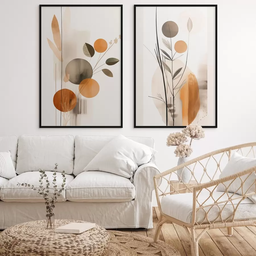 Fototapet Abstraktní malba s oranžovými a šedými kruhy, listy a větvemi, moderní styl, akvarelový efekt d01009