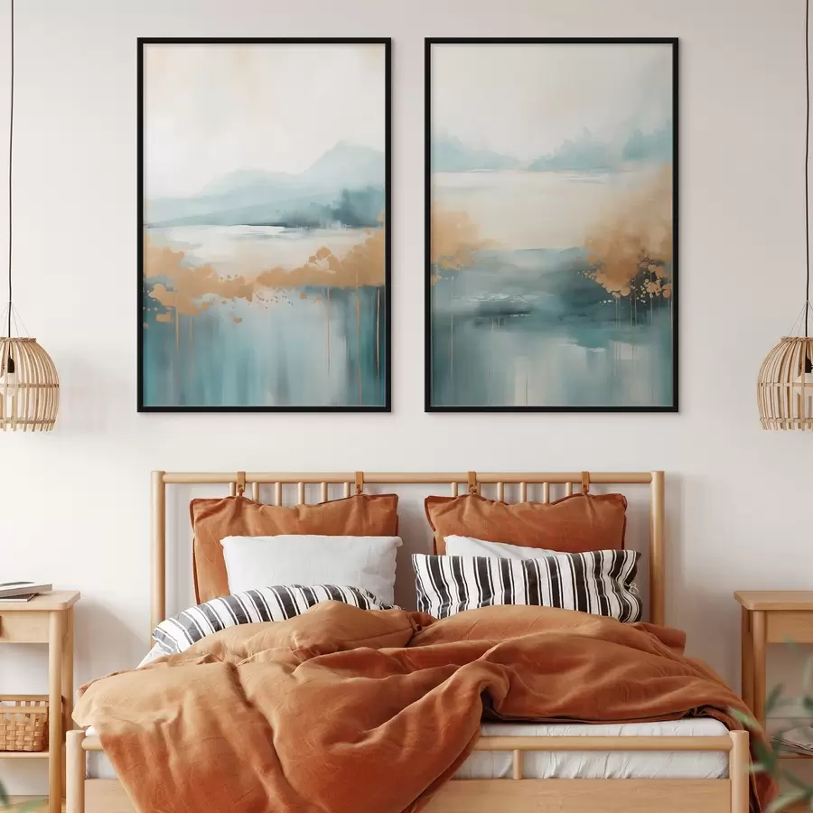 Fototapet Abstraktní krajina s horami a jezerem v modrozelené a žluté barvě s texturou, jemné tahy štětcem, minimalistické umělecké dílo d01012