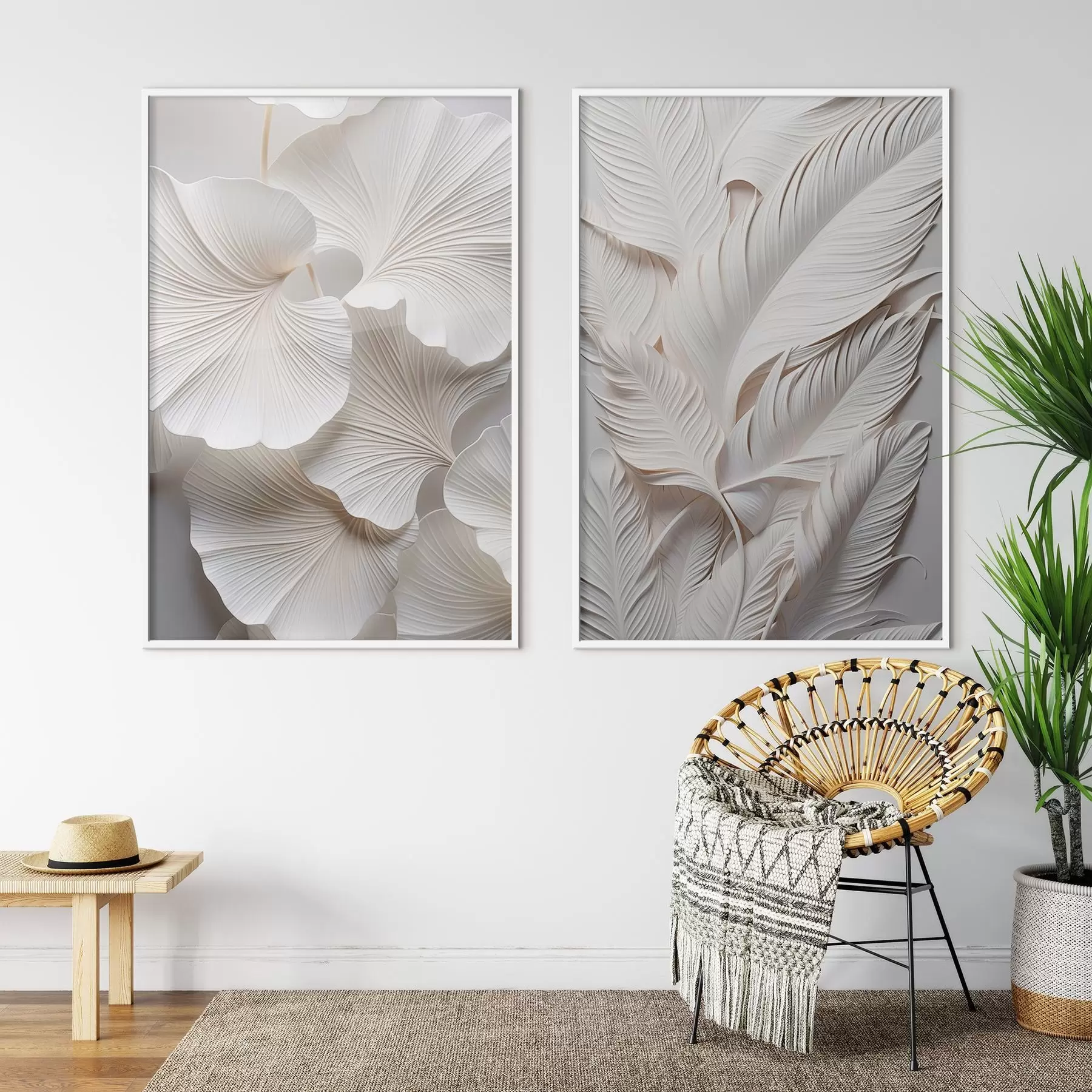 Fototapet Bílé listy ginkga a dlouhé listy se složitými detaily, které vytvářejí texturovaný a vrstvený efekt, minimalistické umění d01013