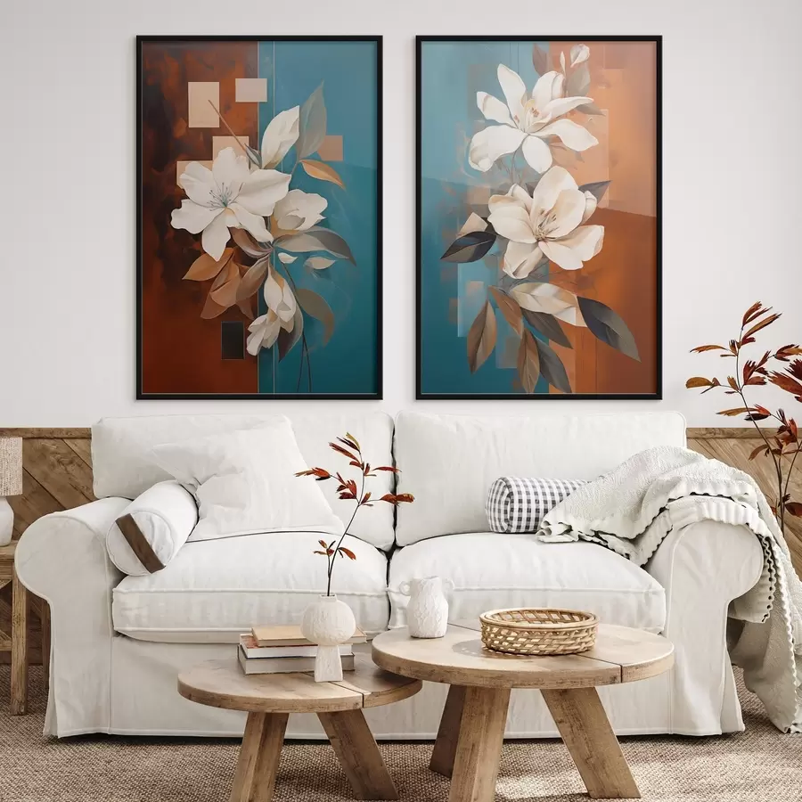 Fototapet Abstraktní bílé květy a listy na hnědém a modrém pozadí s abstraktními tvary, v minimalistickém stylu d01015