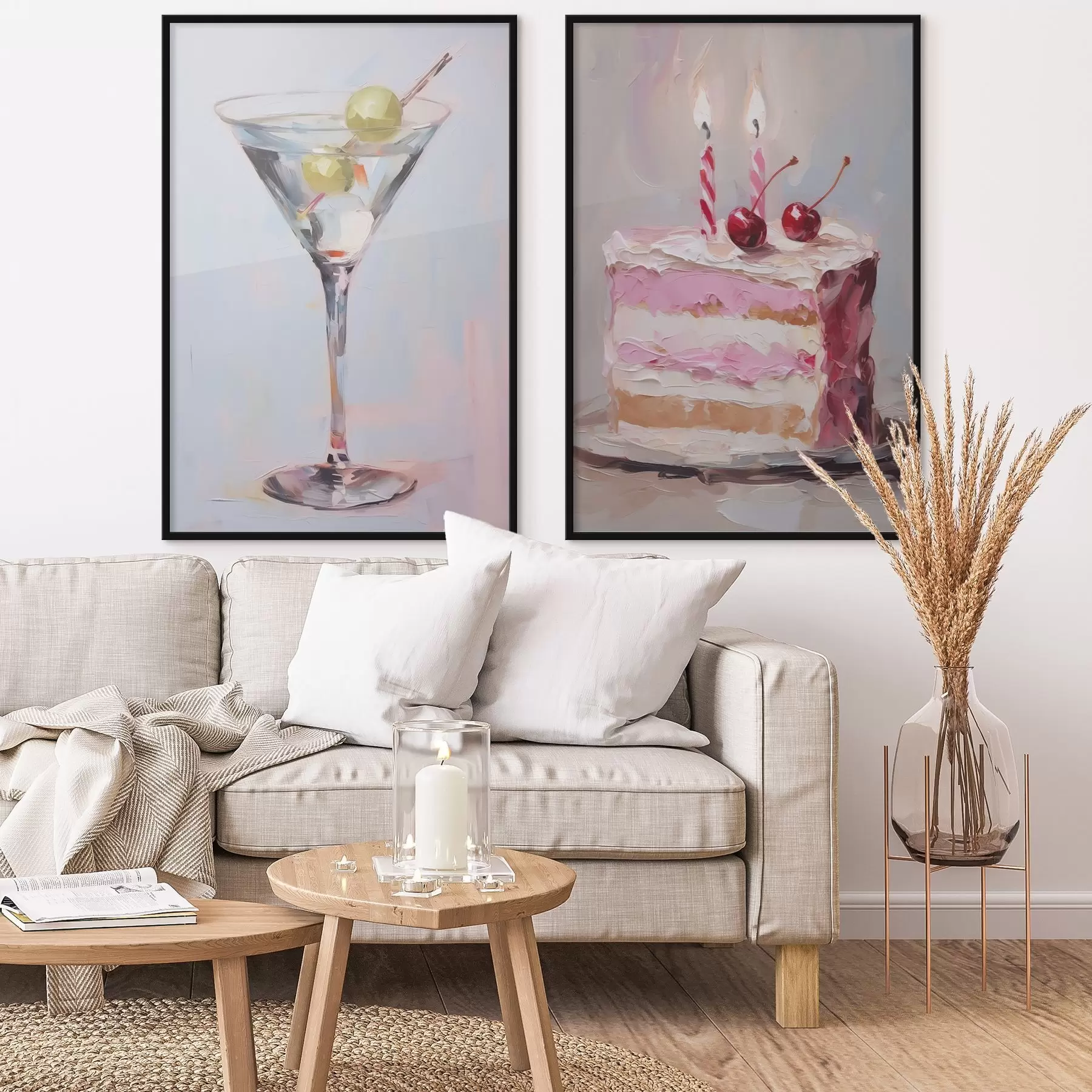 Fototapet Sklenice s nápojem a kouskem dortu, imitace malby d01019