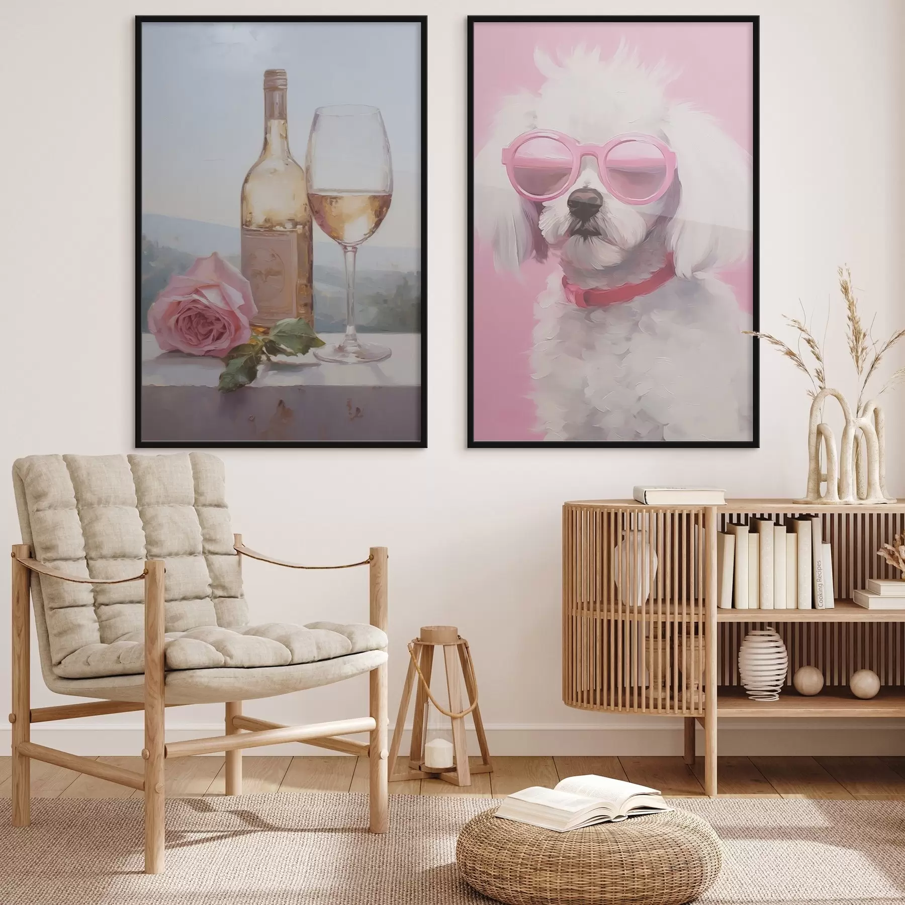 Fototapet Láhev a sklenice vína a pudl s brýlemi, imitace malby d01021