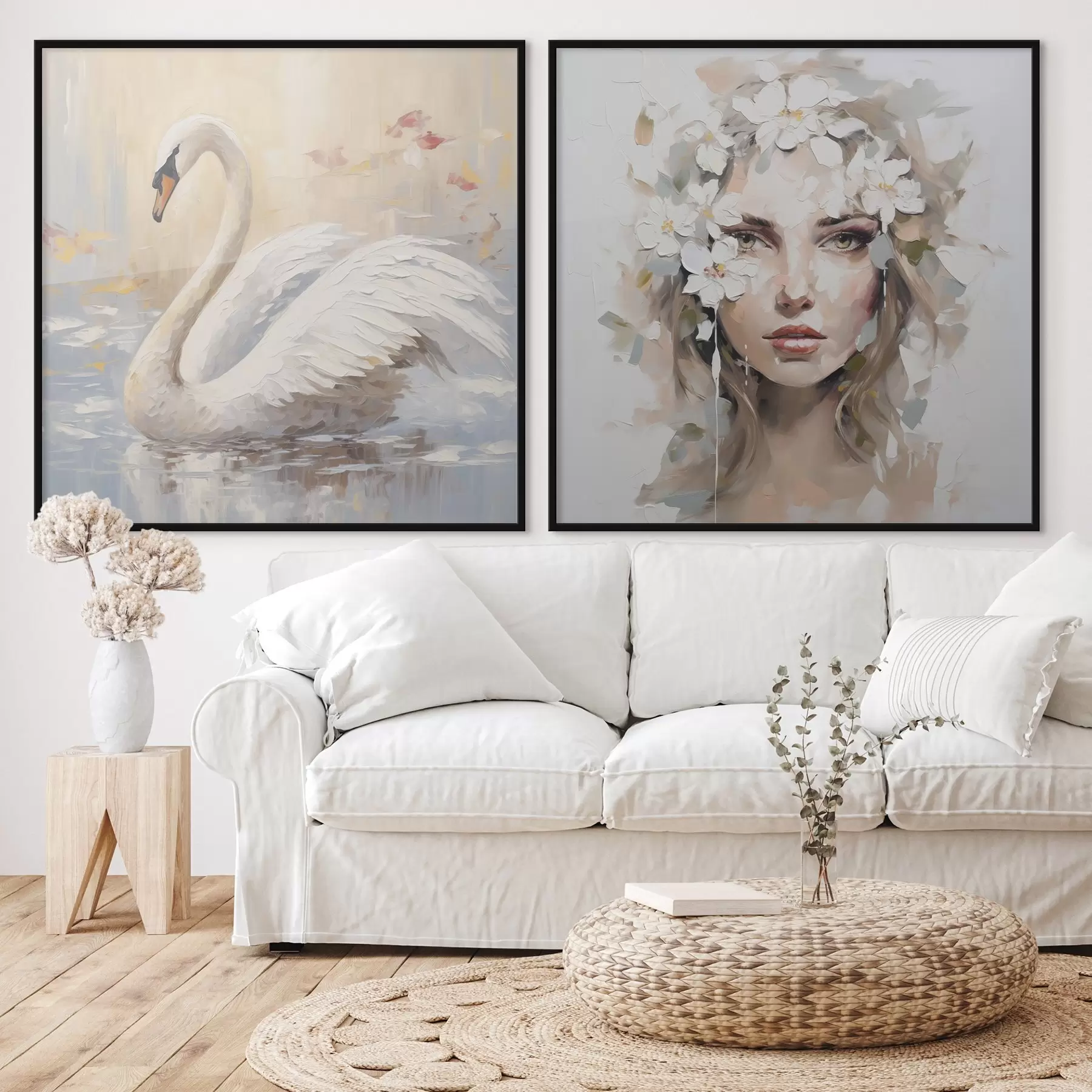 Fototapet Labuť a portrét dívky, imitace malby d01030
