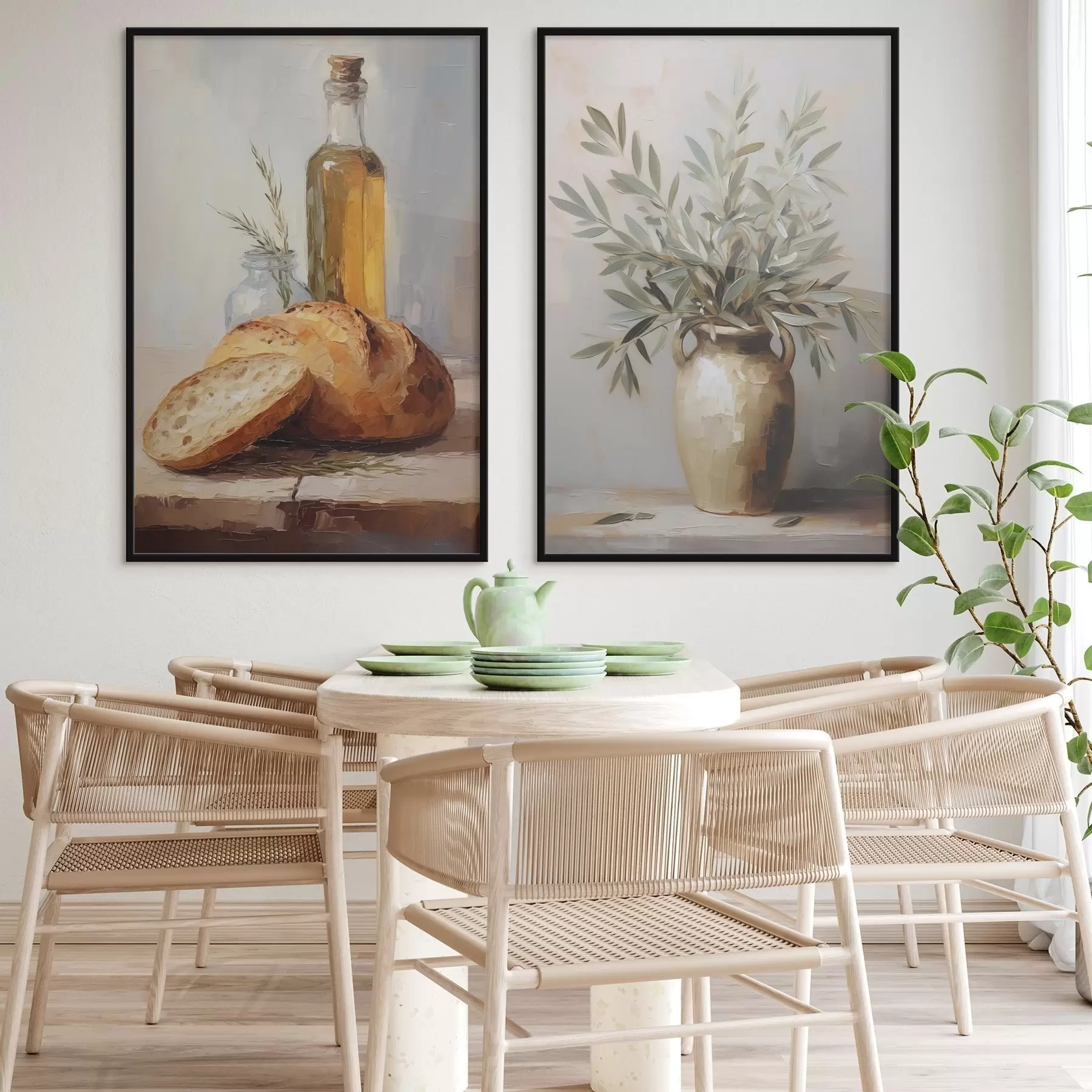 Fototapet Olivové větve ve váze, chléb a láhev oleje, imitace malby d01035