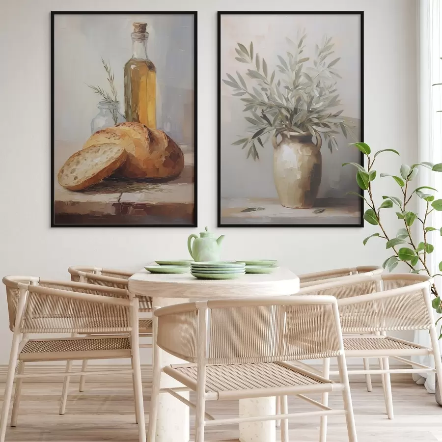 Fototapet Olivové větve ve váze, chléb a láhev oleje, imitace malby d01035