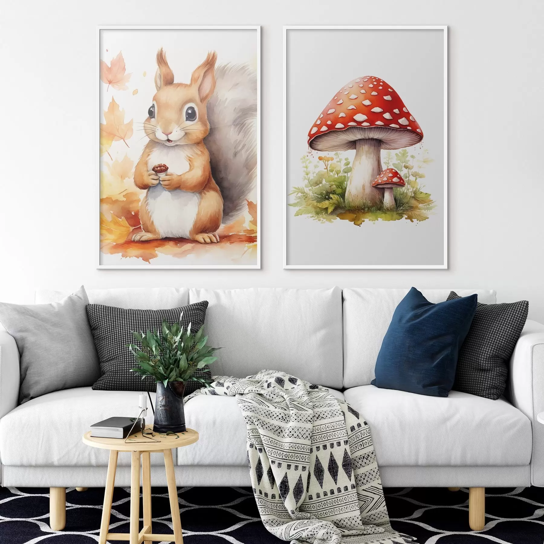 Fototapet Veverka a lesní houba, muchomůrka, imitace akvarelu d01049