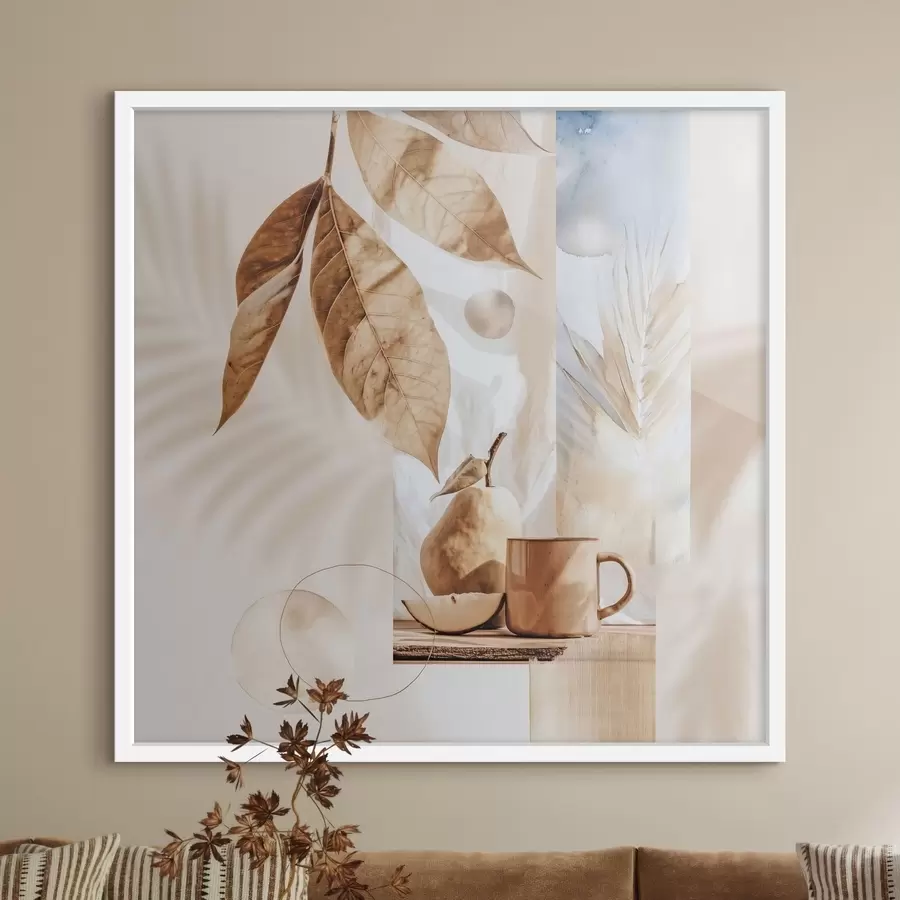 Fototapet Abstrakt s listy, hruškou a šálkem f47047