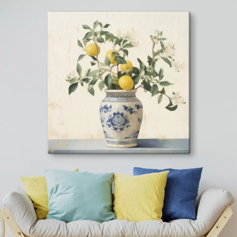 Obraz Citrony v modrobílé keramické váze ve stylu olejomalby Č. s46924