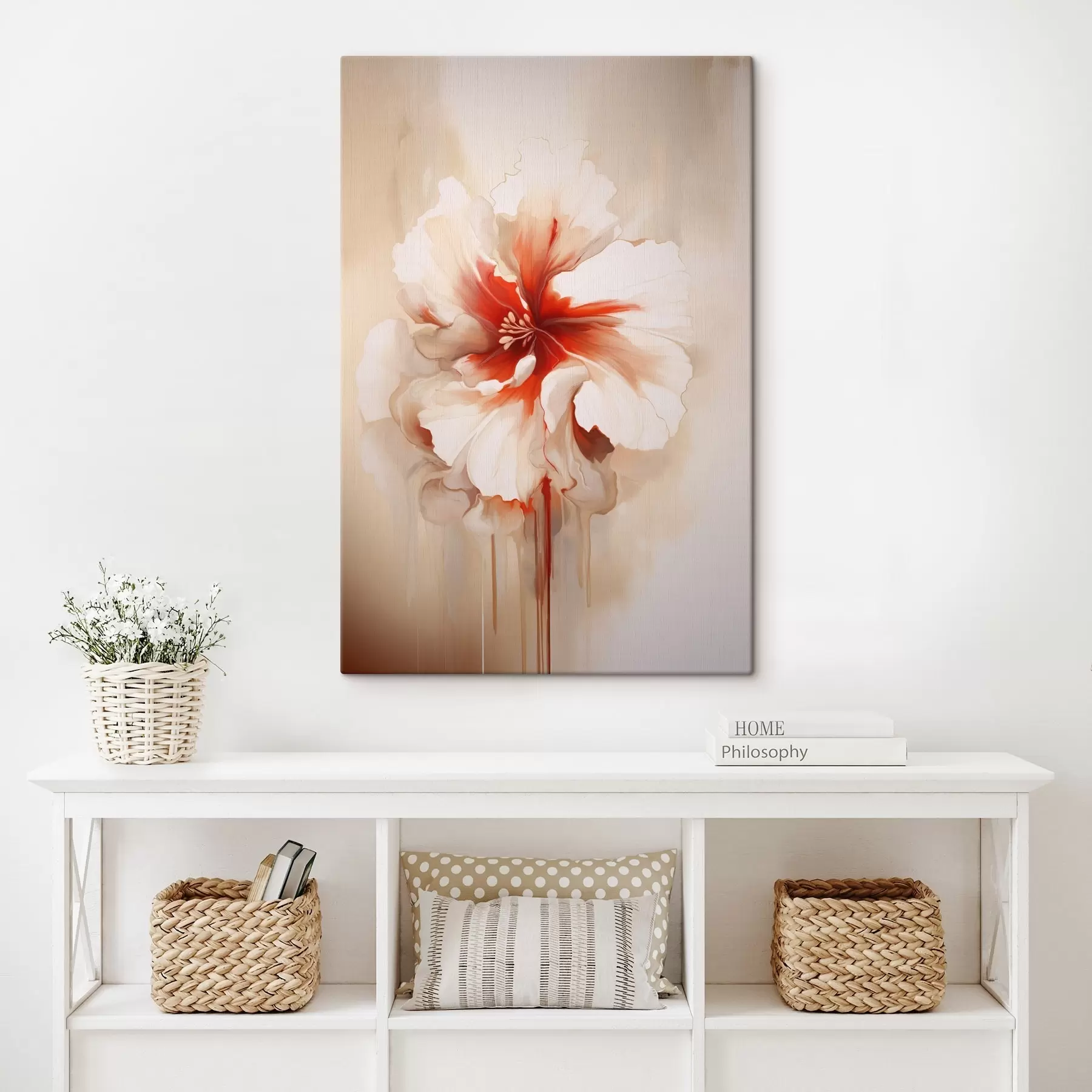 Obraz Bílá a červená květina s poloprůhlednými okvětními lístky a stékajícími kapkami barvy Č. s46940