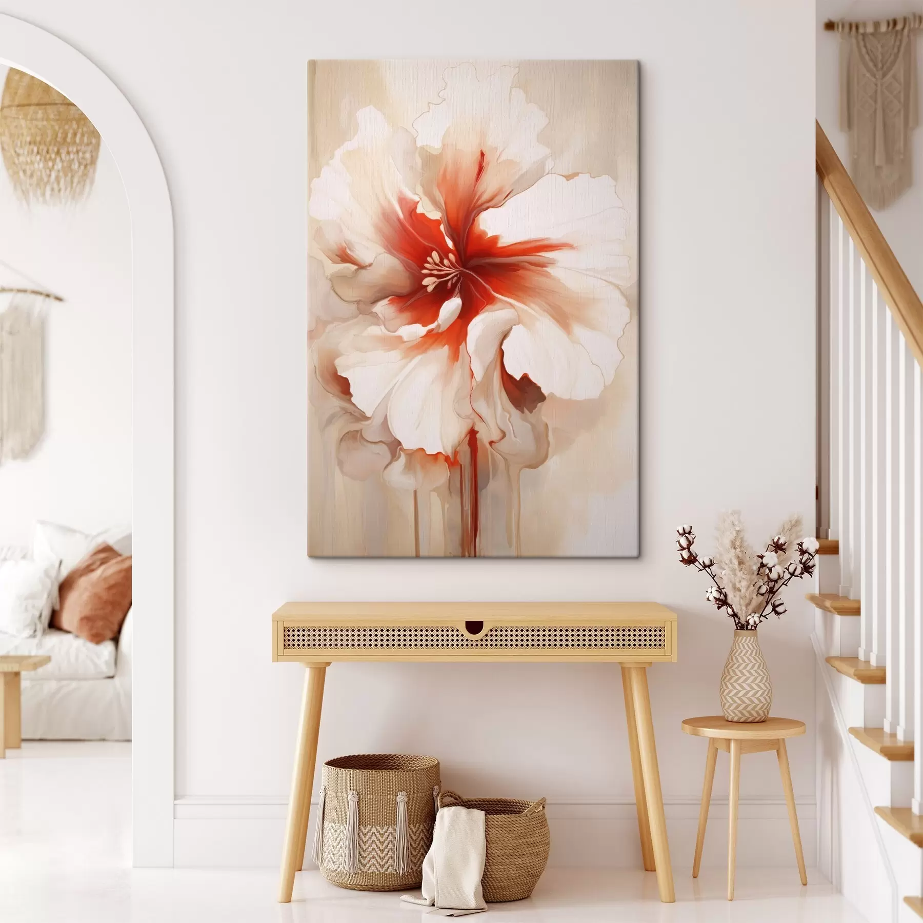 Obraz Detailní záběr bílo-červeného květu s poloprůhlednými okvětními lístky a stékajícími kapkami barvy Č. s46941