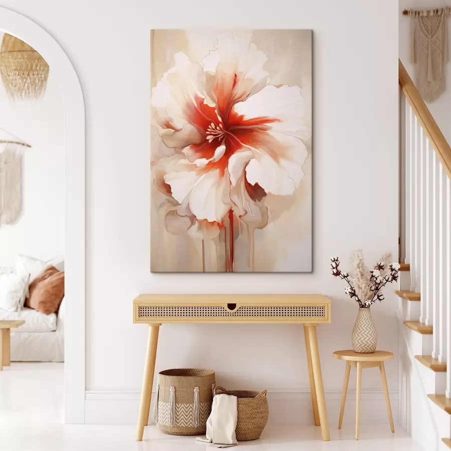 Obraz Detailní záběr bílo-červeného květu s poloprůhlednými okvětními lístky a stékajícími kapkami barvy Č. s46941