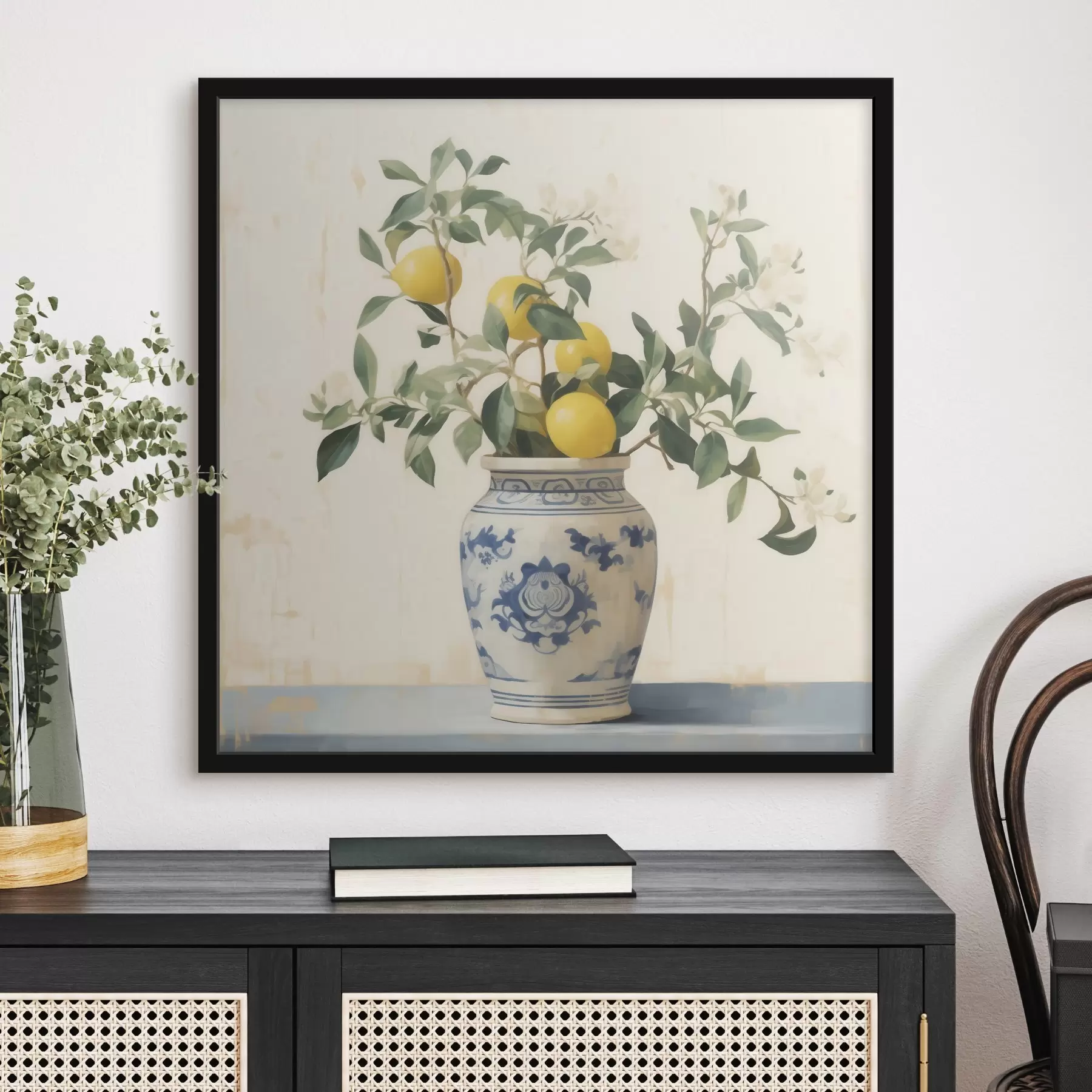 Fototapet Citrony v modrobílé keramické váze ve stylu olejomalby f46924