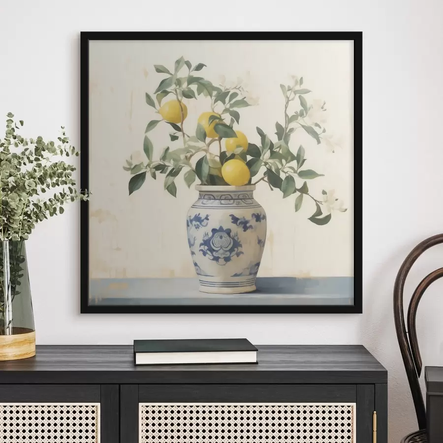 Fototapet Citrony v modrobílé keramické váze ve stylu olejomalby f46924