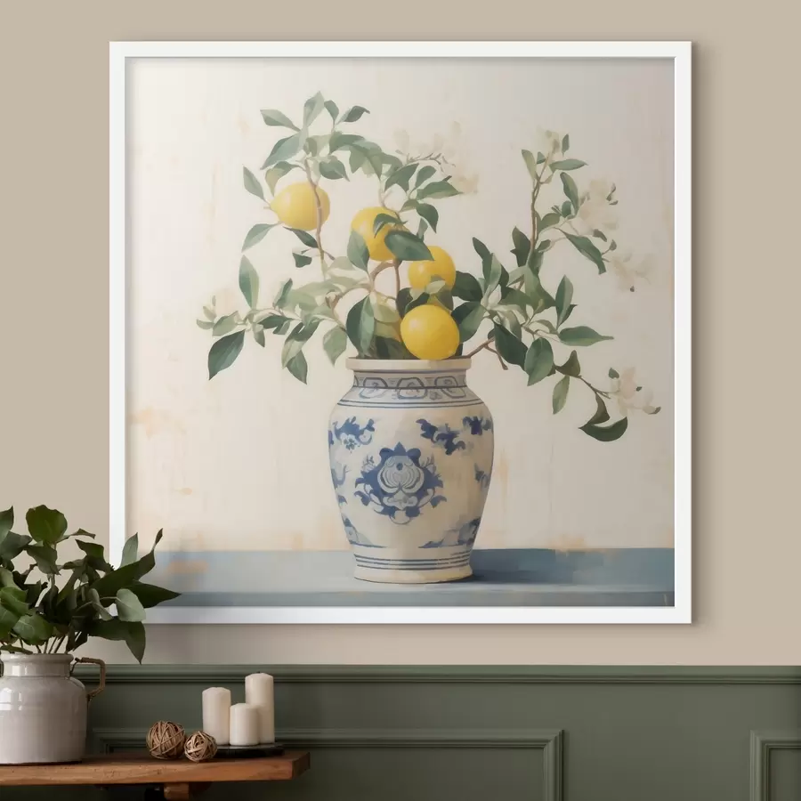 Fototapet Citrony v modrobílé keramické váze ve stylu olejomalby f46924