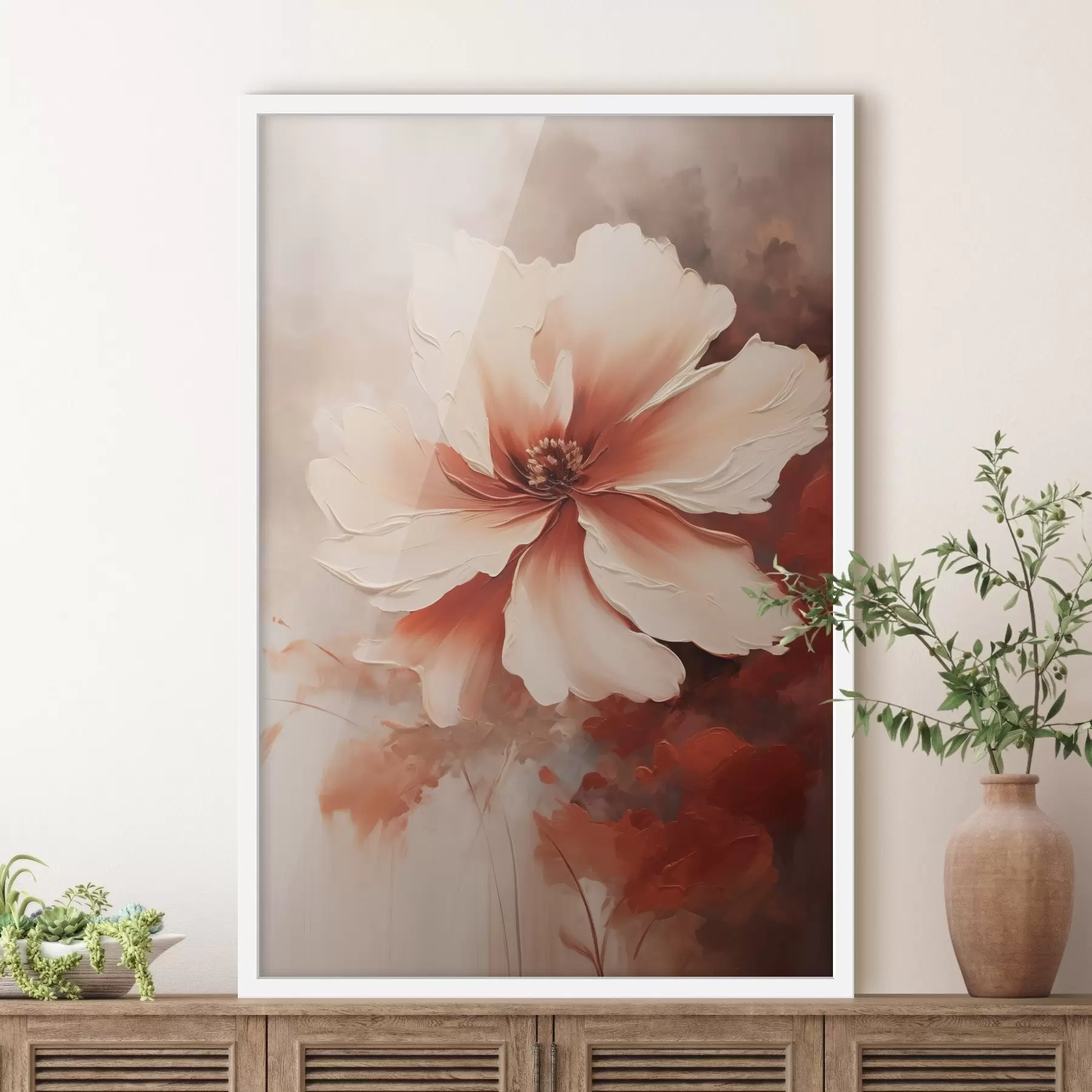 Fototapet Detailní záběr květu bílého korálu na rozmazaném pozadí v olejomalířském stylu f46939