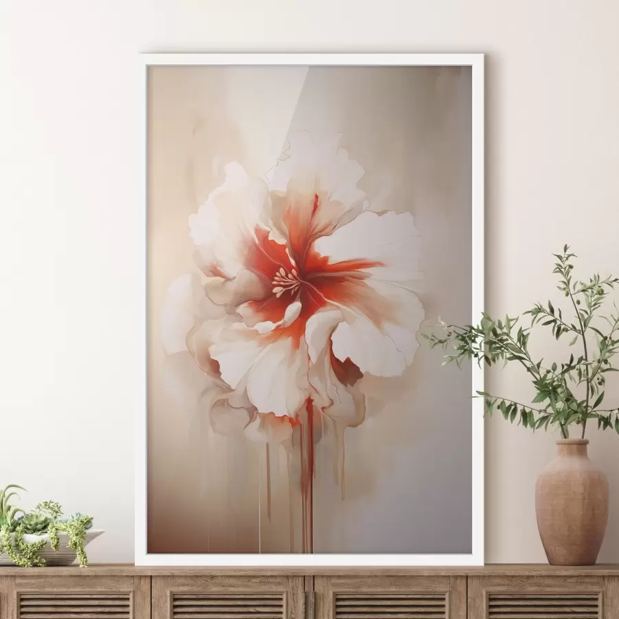 Fototapet Bílá a červená květina s poloprůhlednými okvětními lístky a stékajícími kapkami barvy f46940