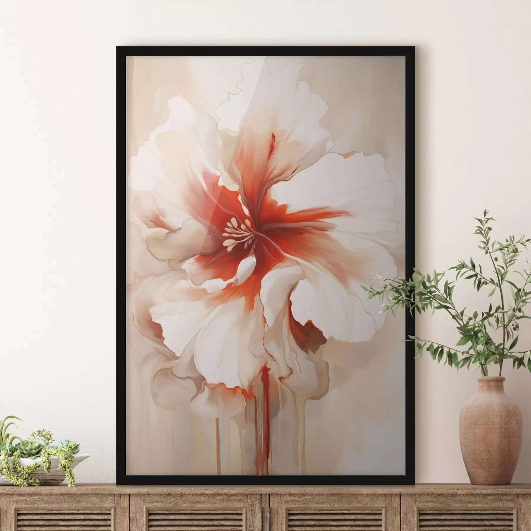 Fototapet Detailní záběr bílo-červeného květu s poloprůhlednými okvětními lístky a stékajícími kapkami barvy f46941