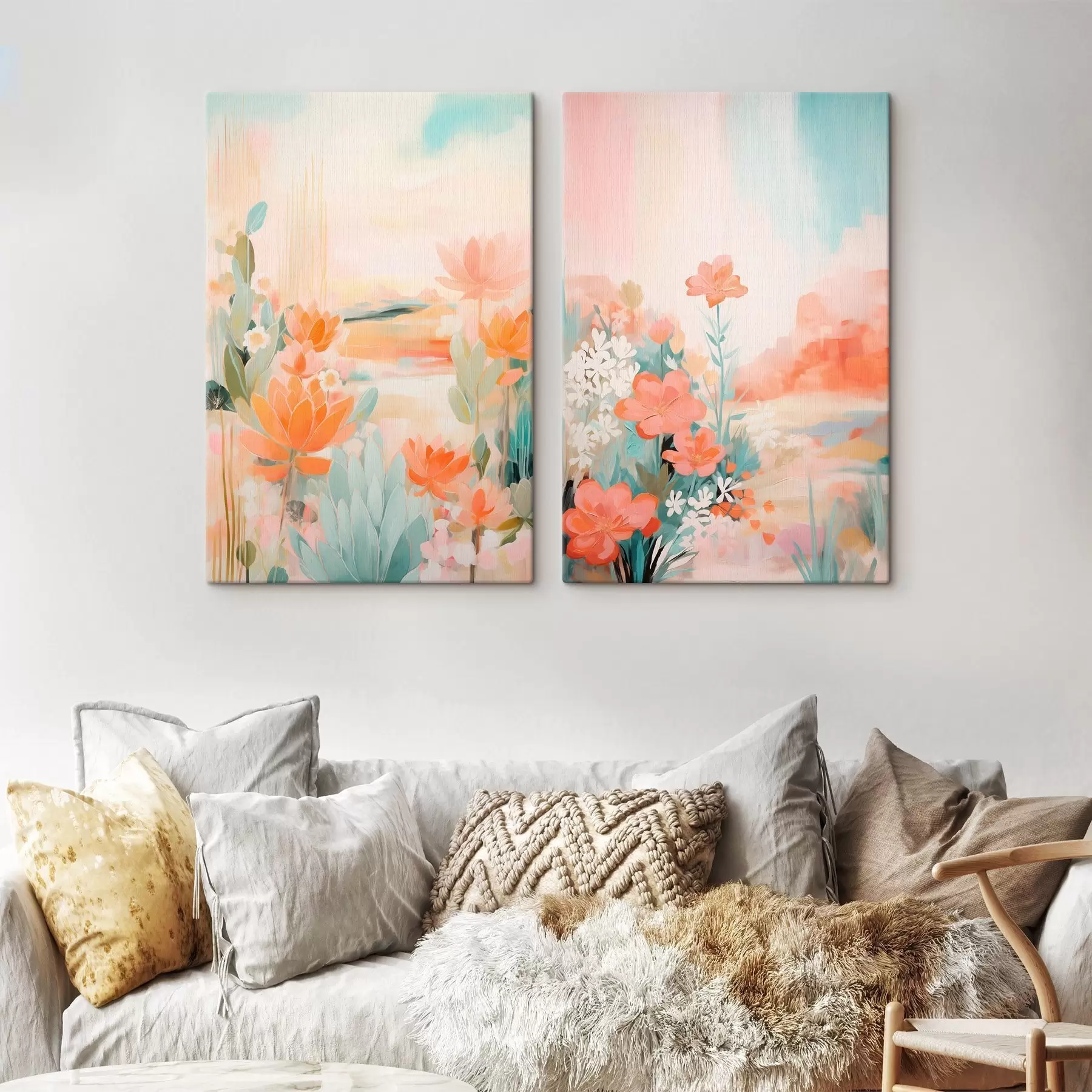 Obraz Květinové motivy v pastelových tónech na pozadí lehce zamlženého údolí Č. m01085