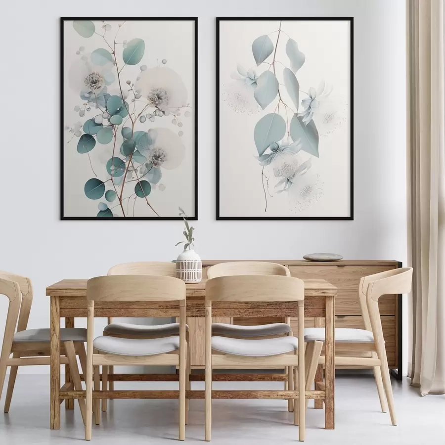 Fototapet Eukalyptová větev s modrými listy a bílými květy, světlé pozadí d00829