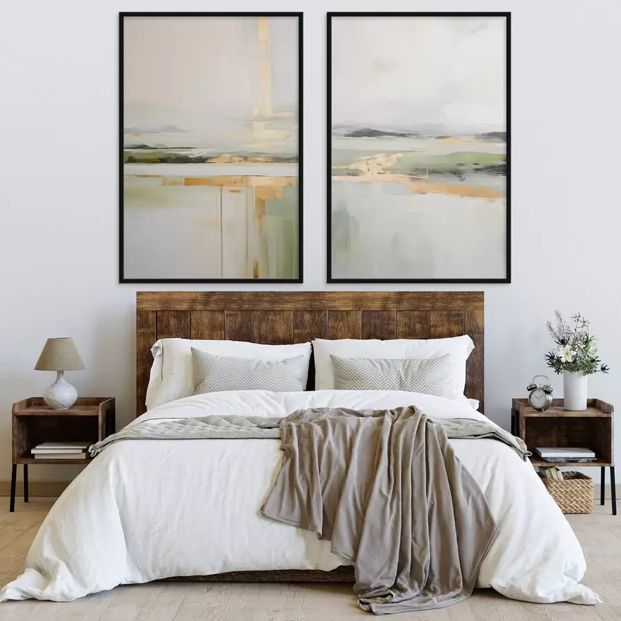 Fototapet Abstraktní krajina se žlutými akcenty, minimalistická kompozice země, vody a oblohy, s tlumenými barvami d00877