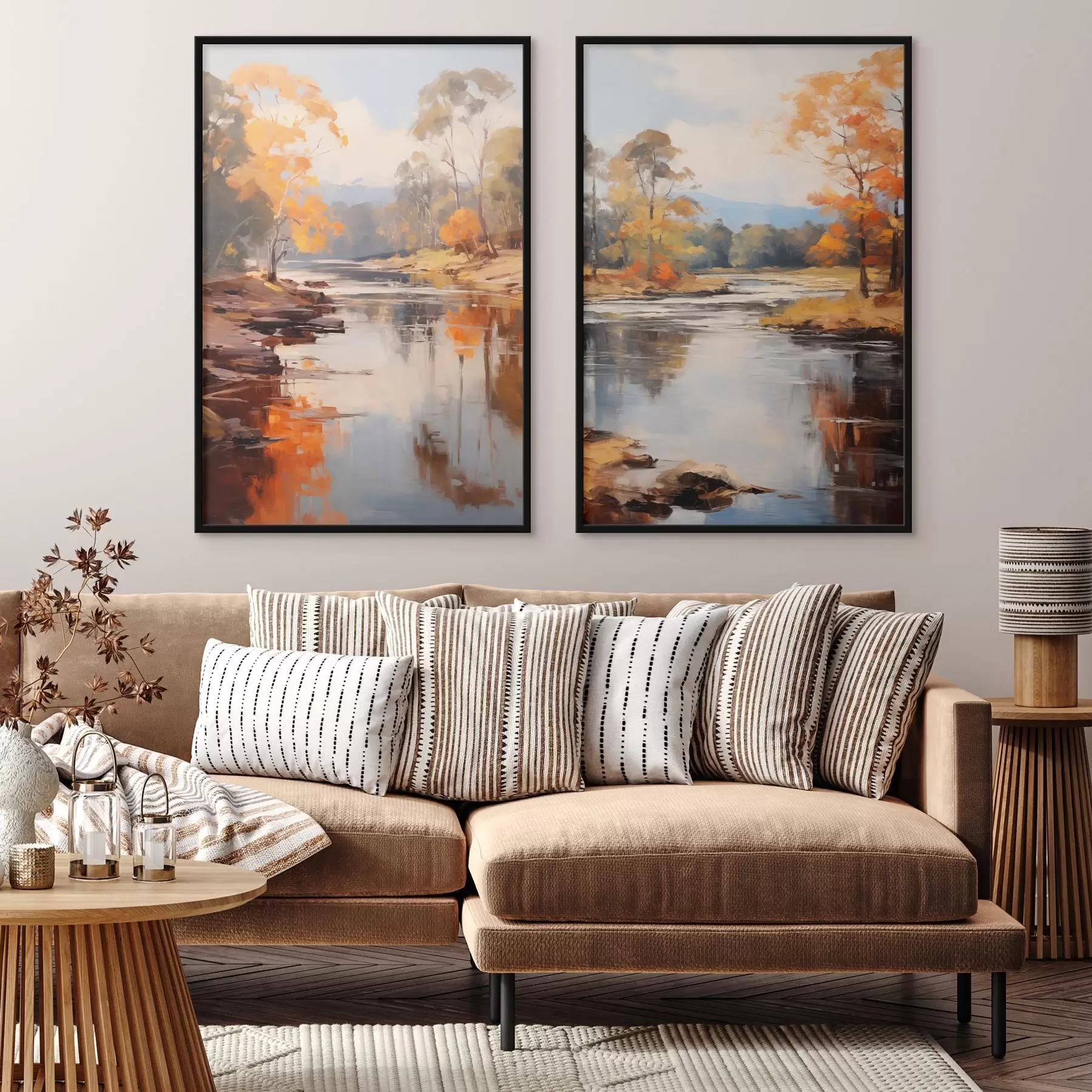 Fototapet Podzimní krajina, řeka s stromy na břehu, les v pozadí, odrazy na vodě d00883