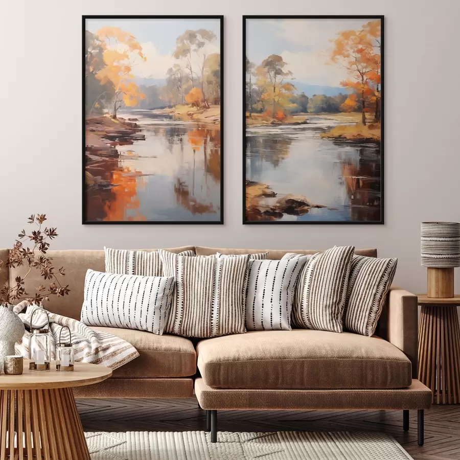 Fototapet Podzimní krajina, řeka s stromy na břehu, les v pozadí, odrazy na vodě d00883