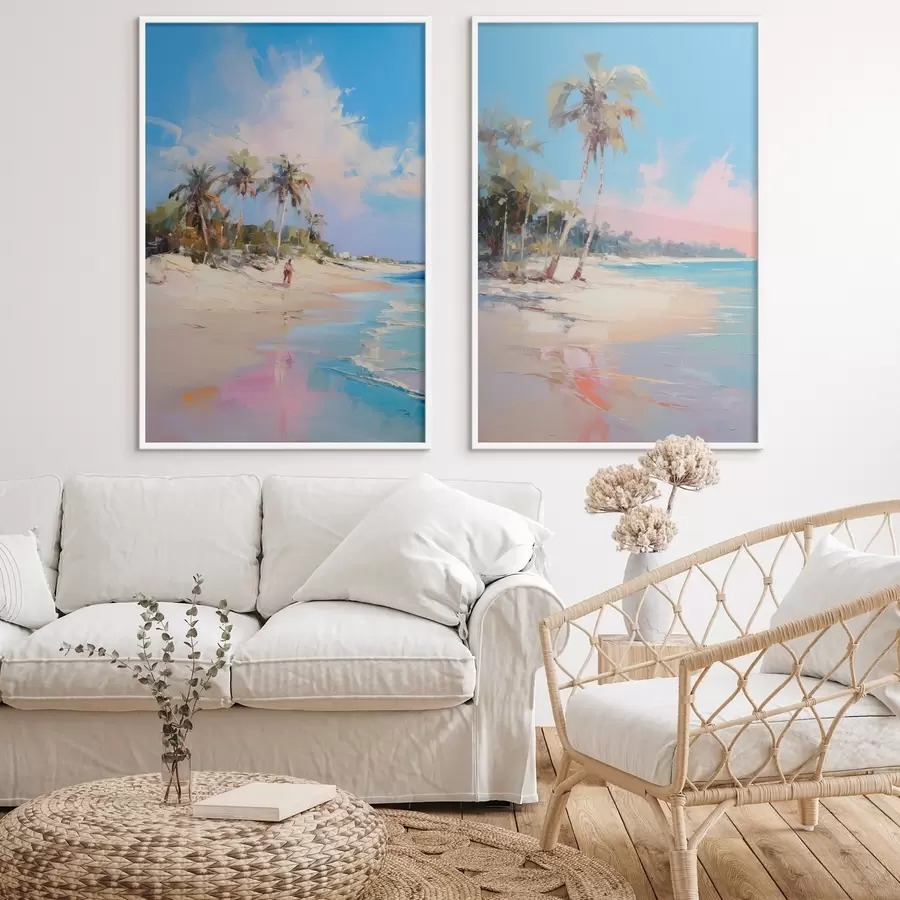 Fototapet Abstraktní krajina, pláž s palmami, jasný slunečný den s modrou oblohou a několika mraky d00885