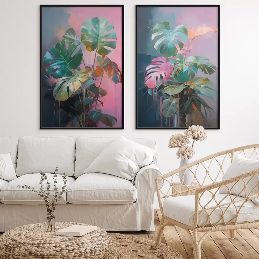 Fototapet Abstraktní rostlina monstera s jasně zelenými listy na pozadí jemných růžových a fialových odstínů d00886