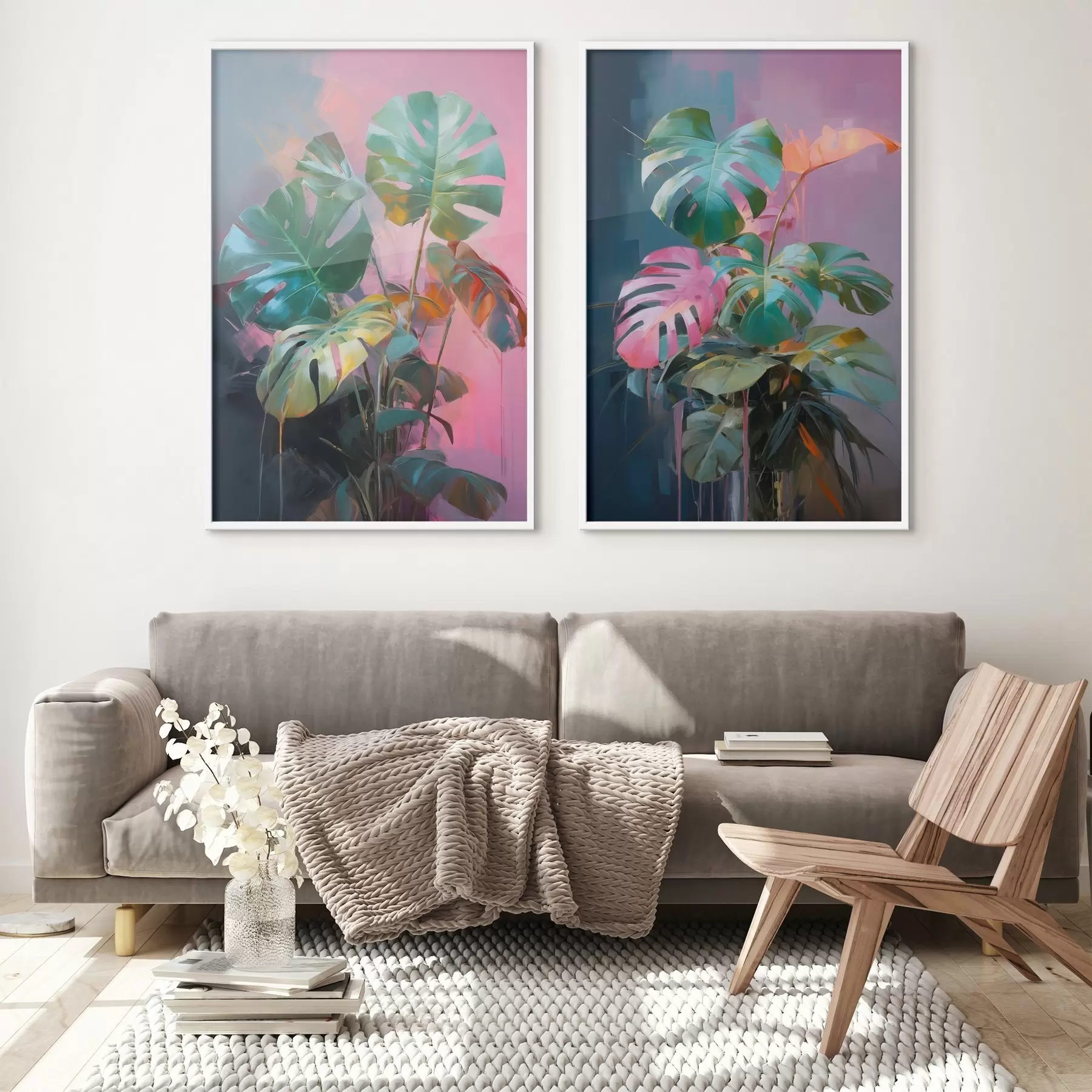 Fototapet Abstraktní rostlina monstera s jasně zelenými listy na pozadí jemných růžových a fialových odstínů d00886