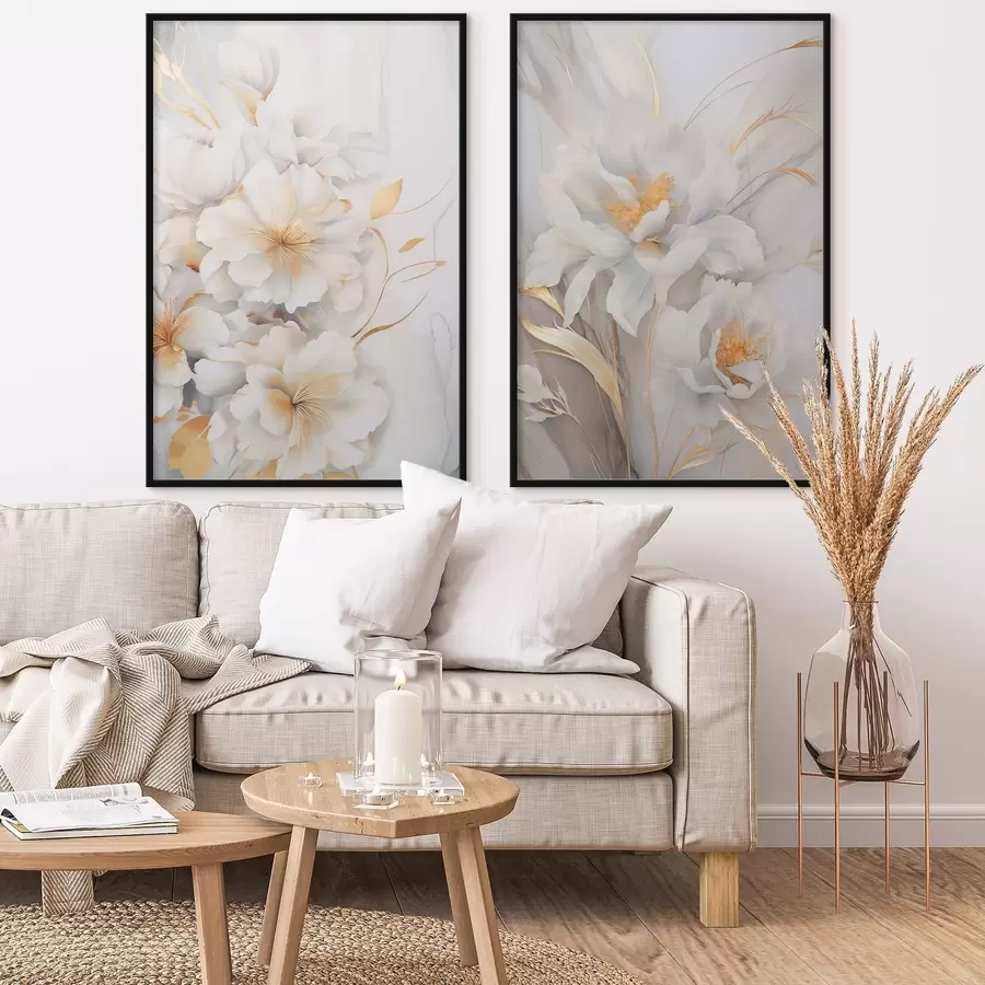 Fototapet Bílé květy se žlutými detaily, okvětní lístky s jemnými stíny, světlé pozadí s jemným mramorovým efektem d00889