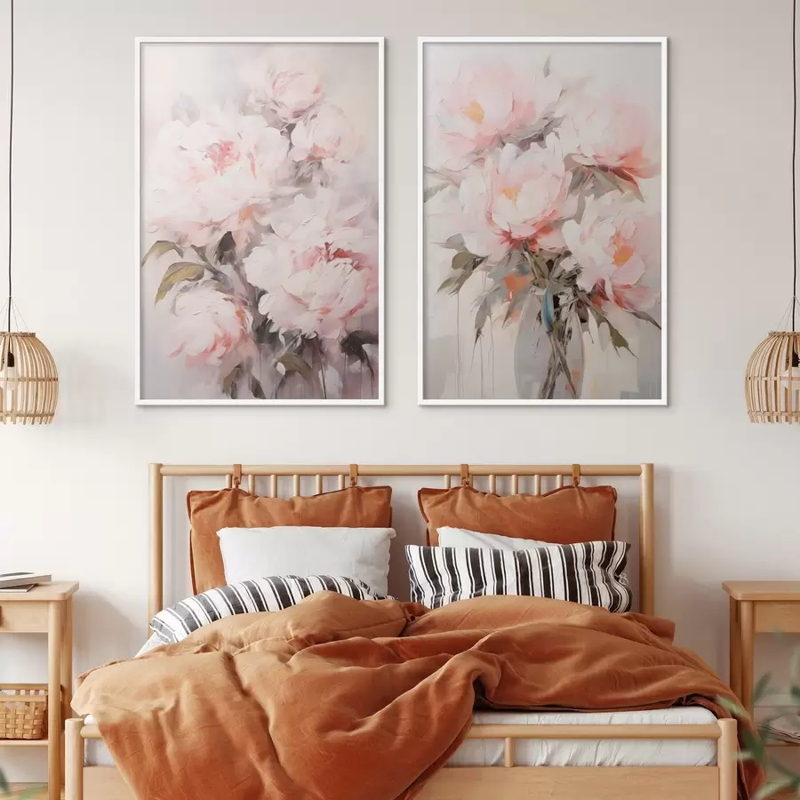 Fototapet Kytice světle růžových pivoněk se zelenými listy, jemné tahy štětcem, pastelové barvy, na světlém pozadí d00890