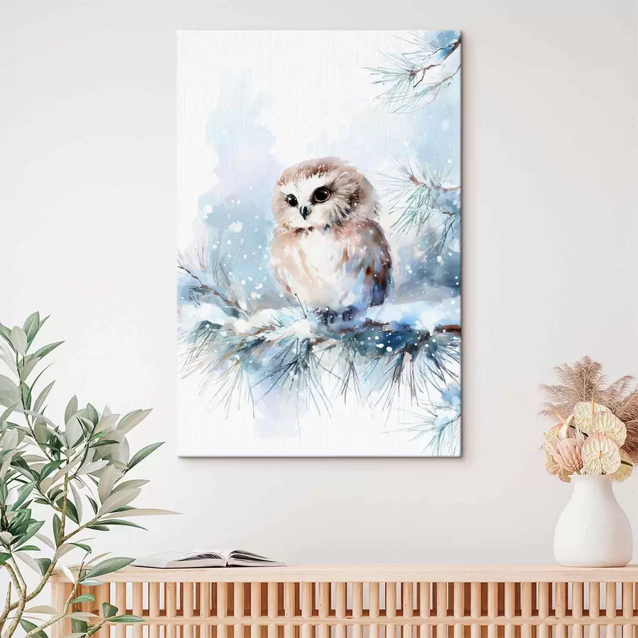 Obraz roztomilá sova na zasněžené borovicové větvi v akvarelovém stylu Č. s47115