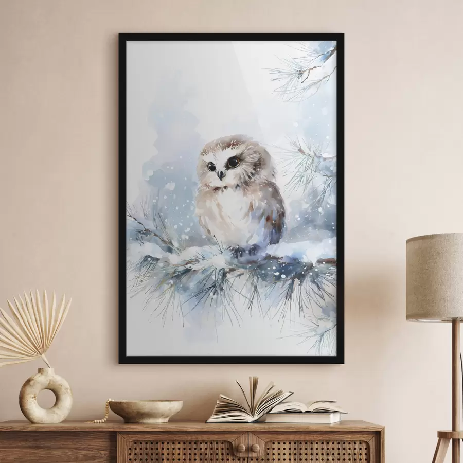 Fototapet roztomilá sova na zasněžené borovicové větvi v akvarelovém stylu f47115