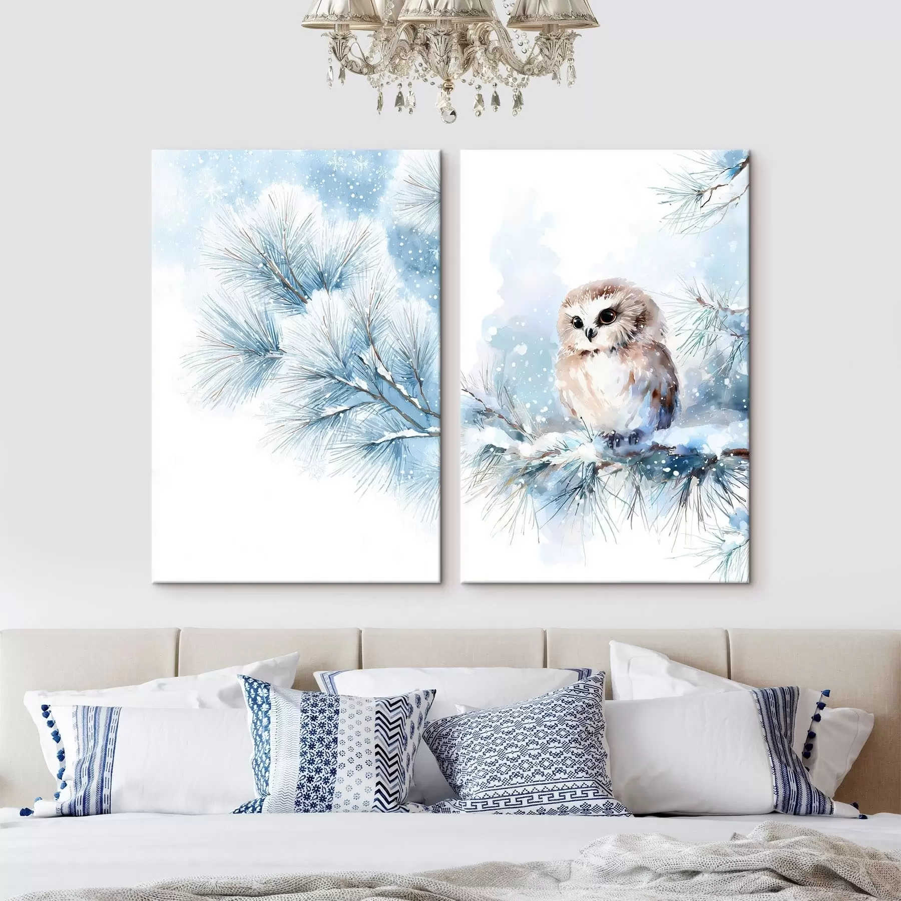 Obraz roztomilá sova na zasněžené borovicové větvi v akvarelovém stylu Č. m01168