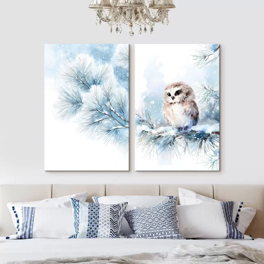 Obraz roztomilá sova na zasněžené borovicové větvi v akvarelovém stylu Č. m01168