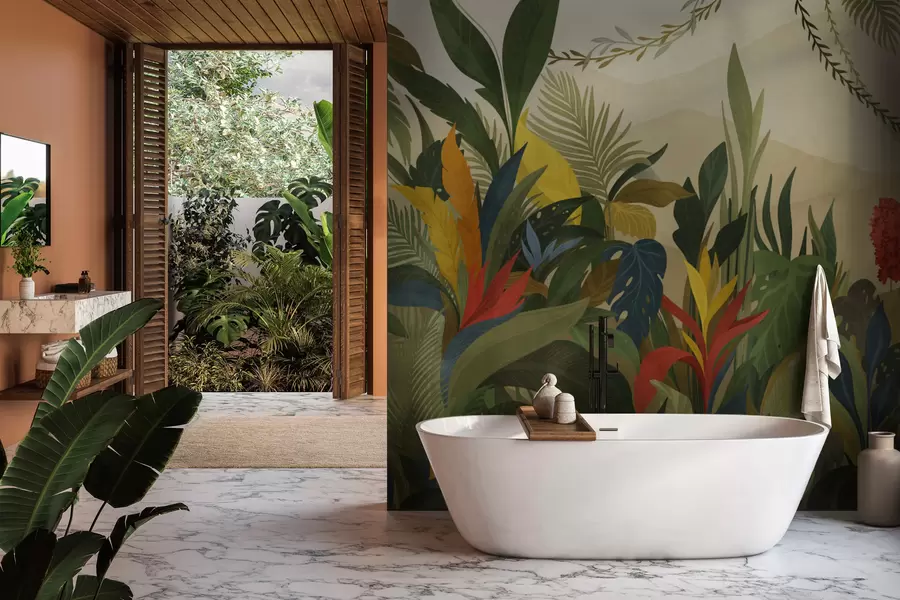 Fototapet Tropická zeleň s velkými listy a květy w05019