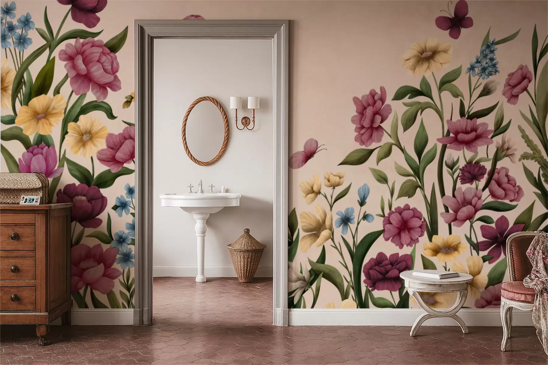 Fototapet Květinová kompozice s rostlinami a motýly na světlém pozadí w05072