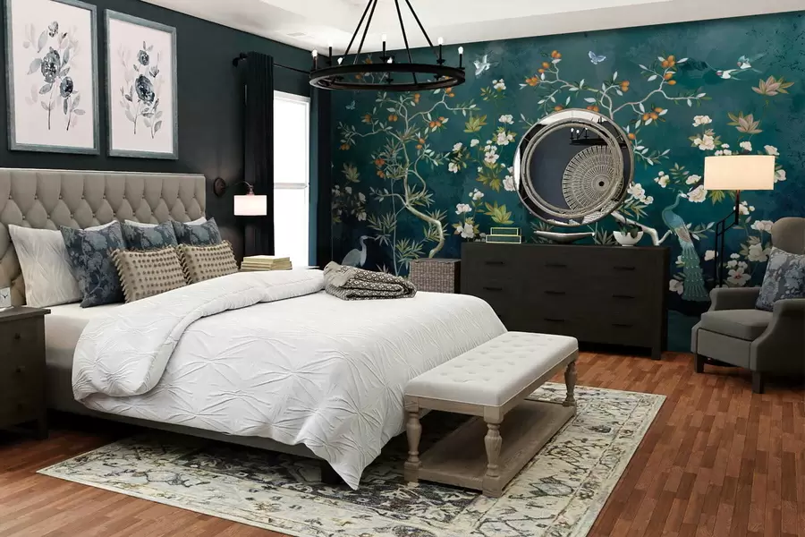 Fototapet Dekorativní scéna se stromy, květinami a ptáky na tmavém pozadí w05004