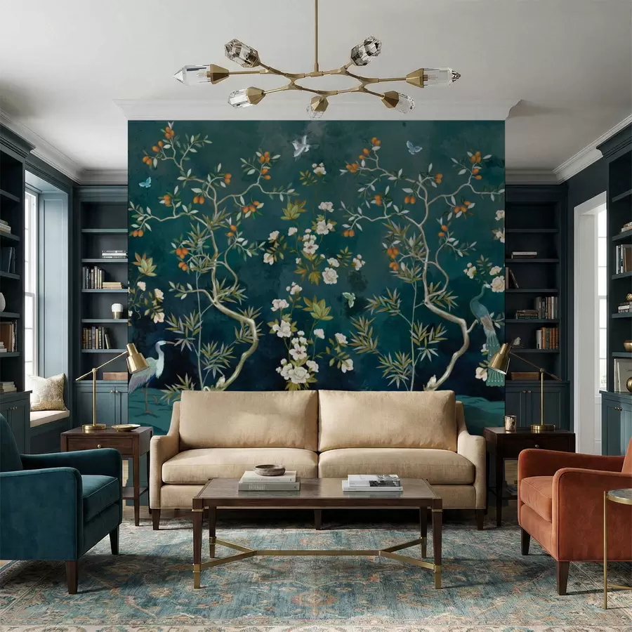 Fototapet Dekorativní scéna se stromy, květinami a ptáky na tmavém pozadí w05004